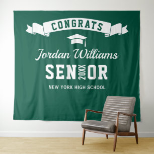 Modern Green White Graduation Photo Backdrop Tapestry