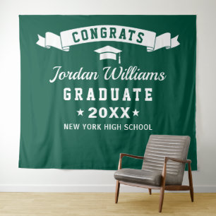 Modern Green White Graduation Photo Backdrop Tapestry