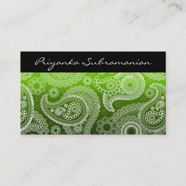 Modern Green & White India Paisley Business Cards (Front)
