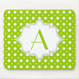 Modern green, white polka dot pattern & monogram mouse mat