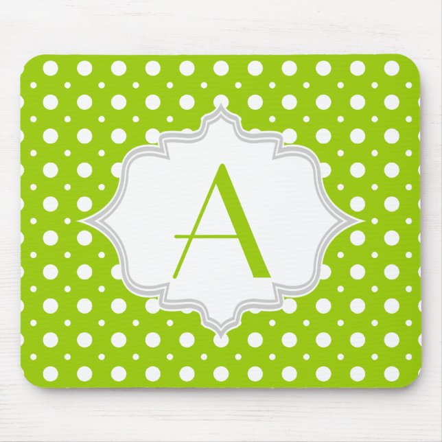 Modern green, white polka dot pattern & monogram mouse mat (Front)