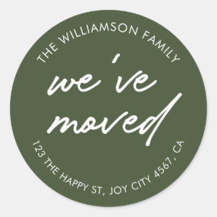 Modern Green White Script We've Moved Address  Classic Round Sticker