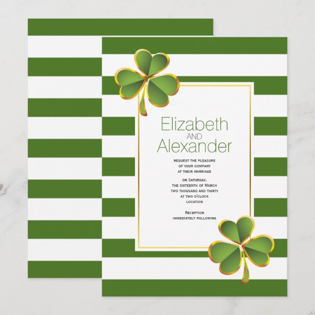 Modern green, white stripes Irish clover wedding Invitation (Front/Back)