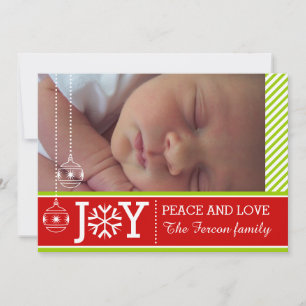 Modern green, white stripes JOY Christmas Groupon Holiday Card