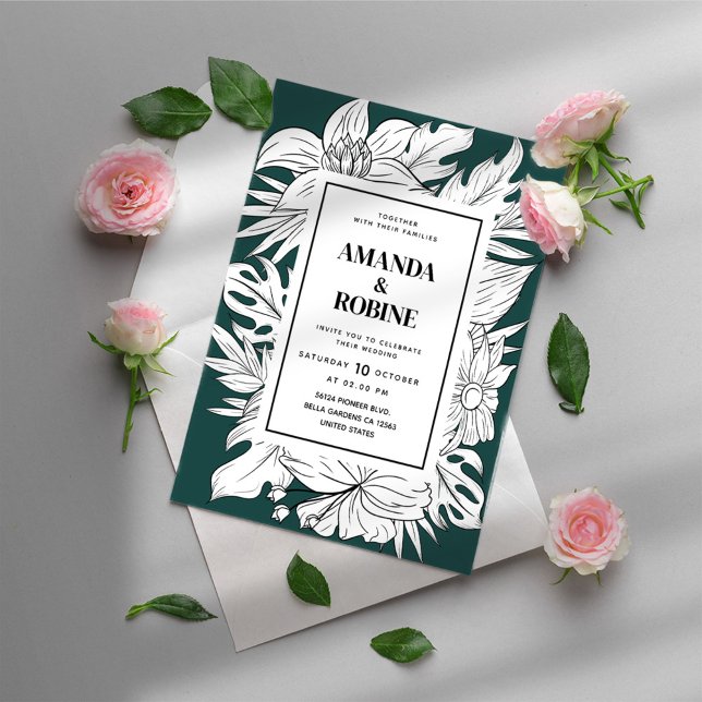Modern Green & White Tropical Floral Wedding Invitation (Creator Uploaded)