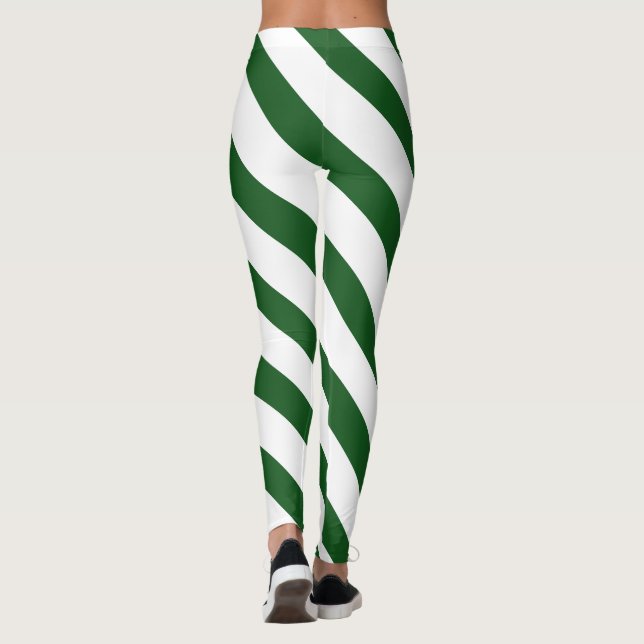 Modern Green White Wide Diagonal Striped Christmas Leggings (Back)