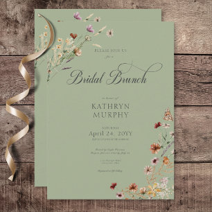 Modern Green Wildflower Bouquet Bridal Brunch Invitation
