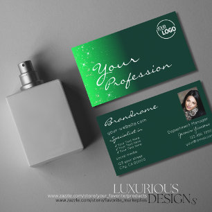 Modern Green with Glitter Stars Logo and Photo Business Card