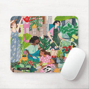 Modern green woman gardening illustration mouse mat
