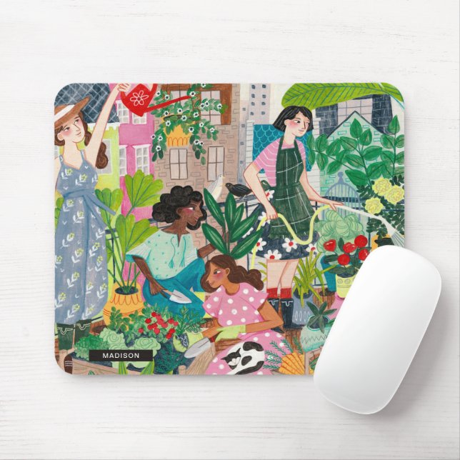 Modern green woman gardening illustration mouse mat (With Mouse)