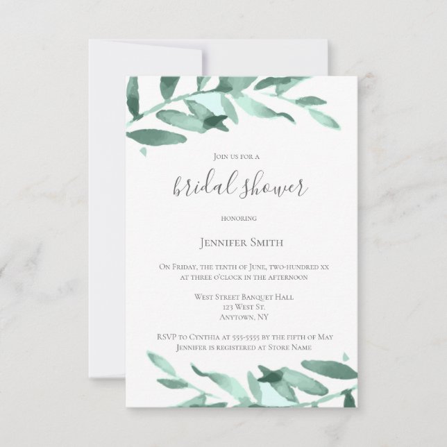 Modern green wreath bridal shower invitations (Front)