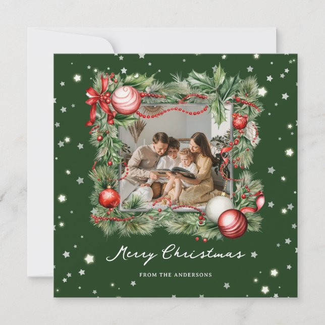 Modern Green Wreath Photo Merry Christmas Card (Front)