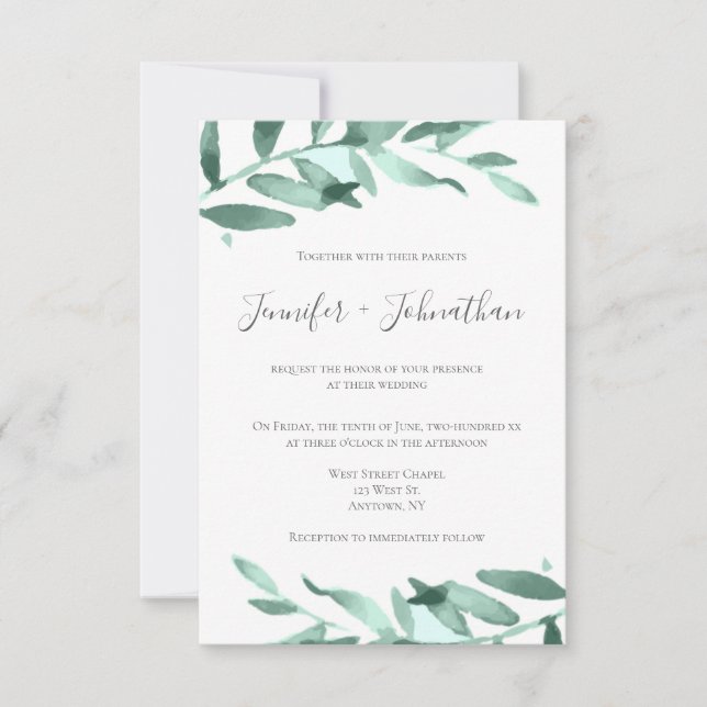 Modern green wreath wedding invitations (Front)