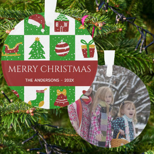 Modern Green Xmas Family Custom Photo  Ornament