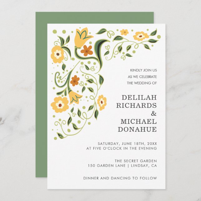 Modern Green Yellow Floral Elegant Wedding Invitation (Front/Back)