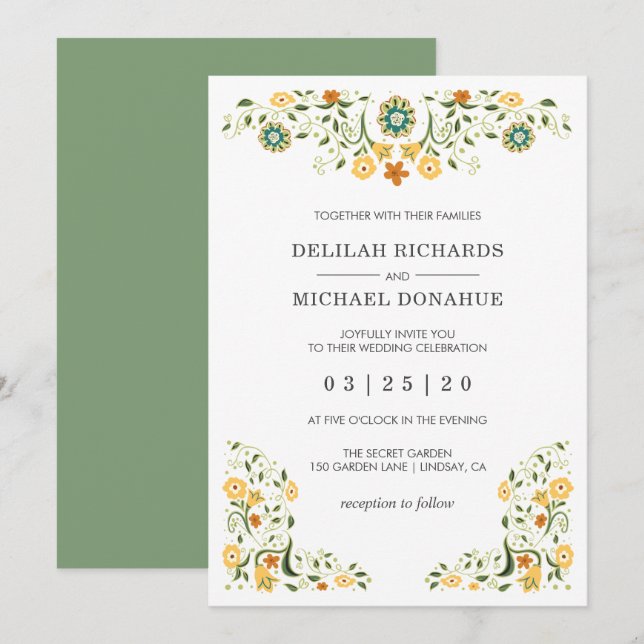 Modern Green Yellow Floral Wedding Invitation (Front/Back)
