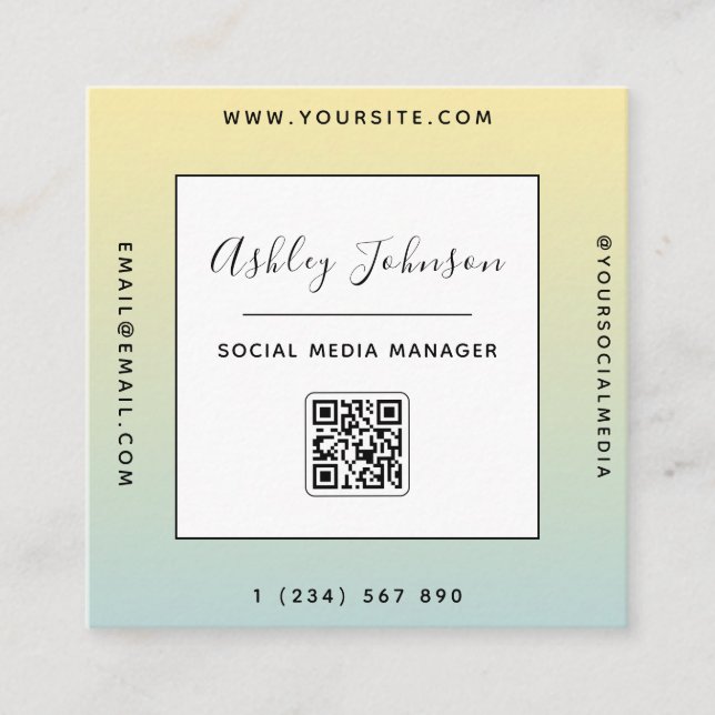 Modern Green Yellow Gradient Ombre QR Code Minimal Square Business Card (Front)