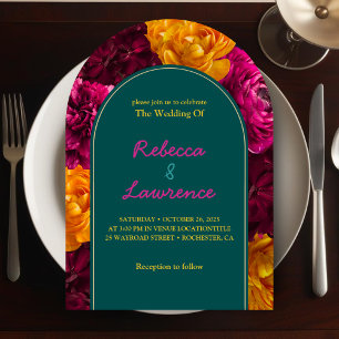 Modern green yellow hot pink floral wedding arch invitation