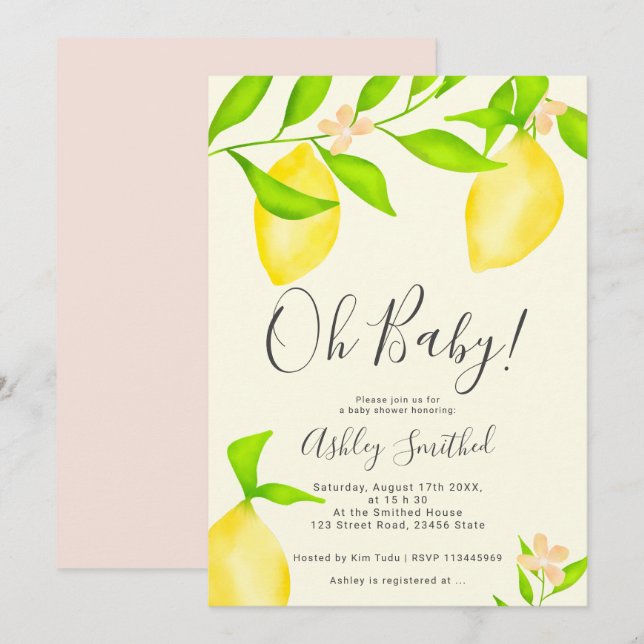 Modern green yellow lemon watercolor baby shower 2 invitation (Front/Back)