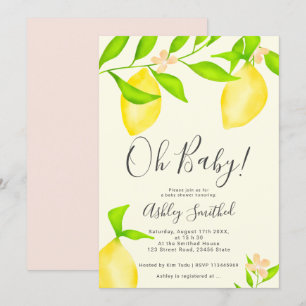 Modern green yellow lemon watercolor baby shower 2 invitation