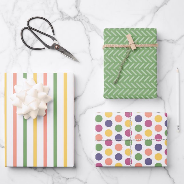 Modern Green, Yellow, Orange Stripes and Polka Dot Wrapping Paper Sheet (Front)