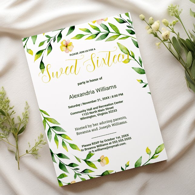 Modern green yellow outdoors floral Sweet Sixteen Invitation (Modern green yellow outdoors floral Sweet Sixteen )