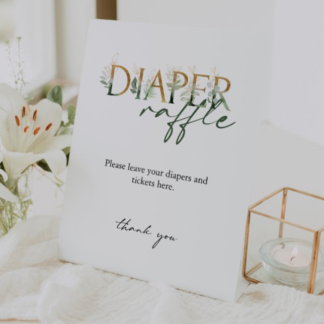Modern Greenery and Gold Baby Shower Diaper Raffle Pedestal Sign (Creator Uploaded)