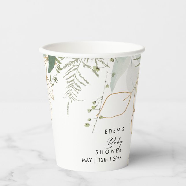 Modern Greenery and Gold Baby Shower Paper Cups (Front)