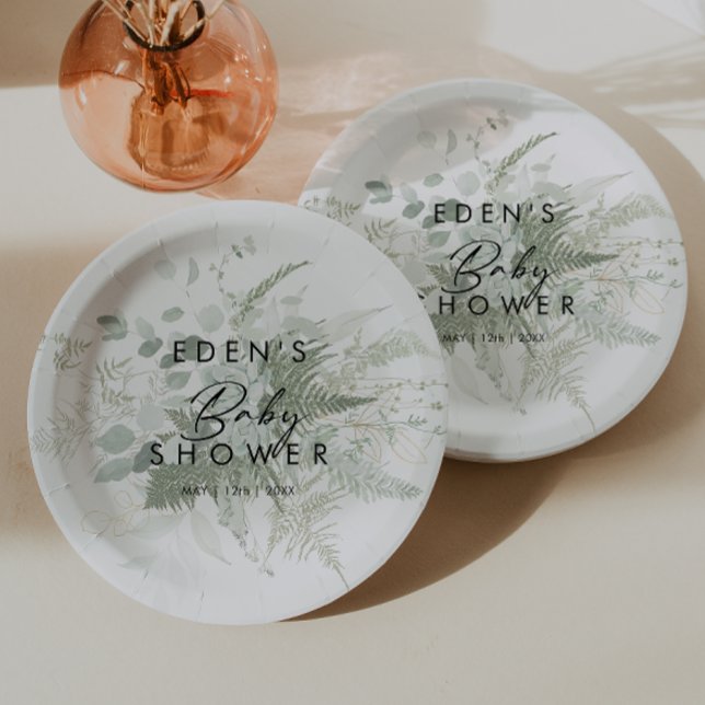 Modern Greenery and Gold Baby Shower Paper Plate (Creator Uploaded)