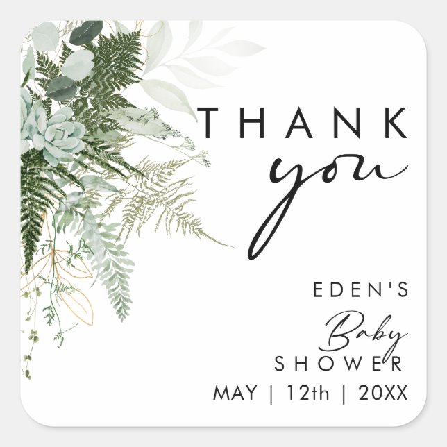 Modern Greenery and Gold Baby Shower Thank You Square Sticker (Front)