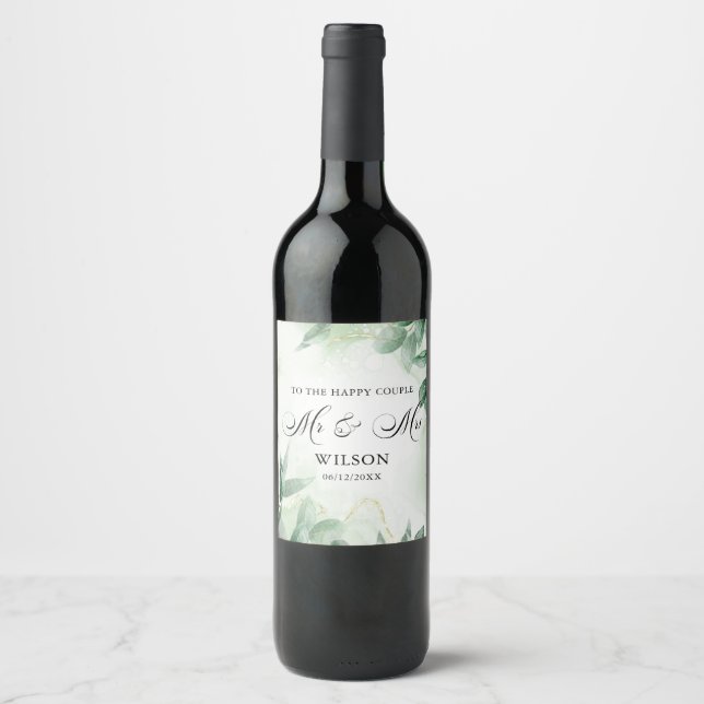 Modern Greenery And Gold Happy Couple Wedding Wine Label (Front)