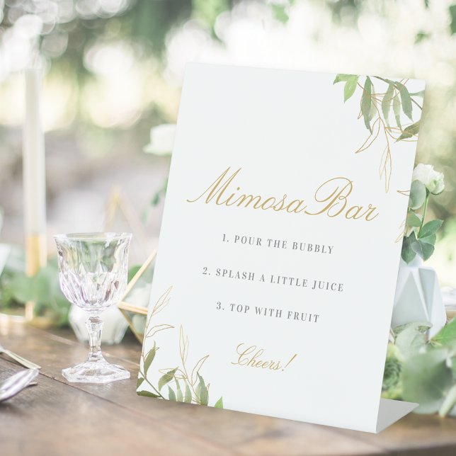 Modern Greenery and Gold Mimosa Bar Pedestal Sign (Creator Uploaded)