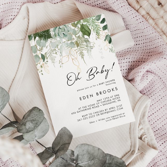 Modern Greenery and Gold Oh Baby! Baby Shower Invitation (Creator Uploaded)