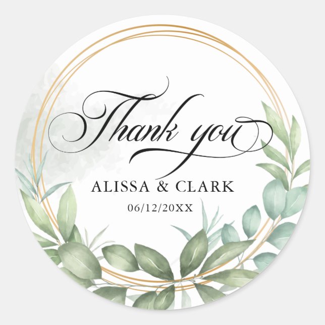 Modern Greenery And Gold Thank You Classic Round Sticker (Front)