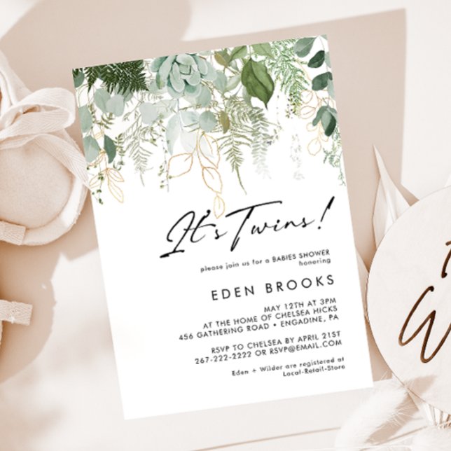 Modern Greenery and Gold Twins Baby Shower Invitation (Creator Uploaded)