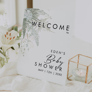 Modern Greenery and Gold Welcome Baby Shower Pedestal Sign