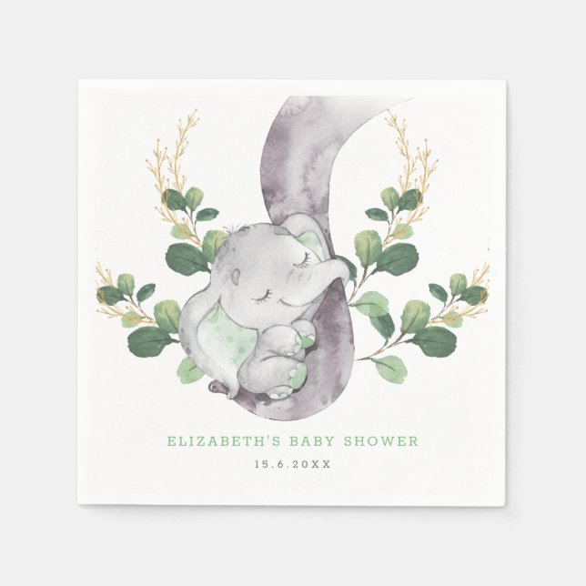 Modern Greenery Baby Elephant Green Gold Garden Napkin (Front)
