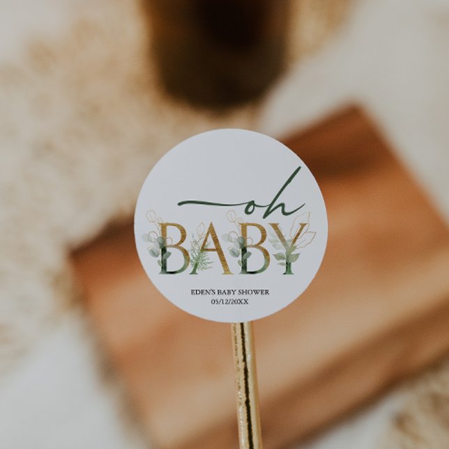 Modern Greenery Baby Shower Favour Classic Round Sticker (Creator Uploaded)