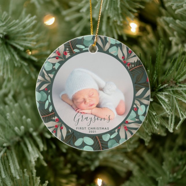 Modern Greenery Baby's First Christmas Photo Green Ceramic Tree Decoration (Tree)