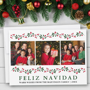 Modern Greenery Berries Feliz Navidad 3 Photo Holiday Card