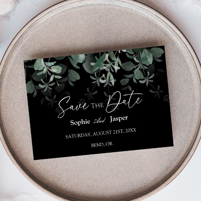 Modern Greenery Black Flat Save The Date Card (Creator Uploaded)