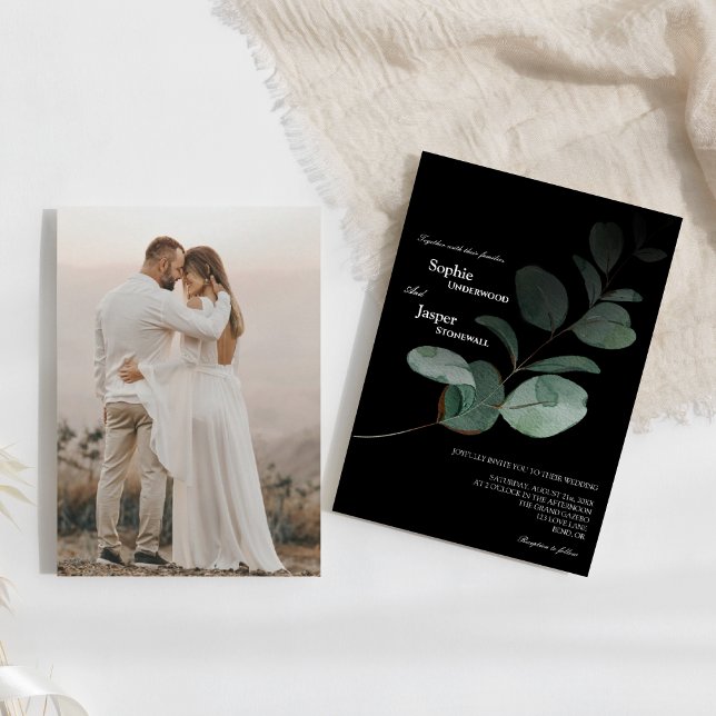 Modern Greenery Black Photo Wedding Invitation (Creator Uploaded)