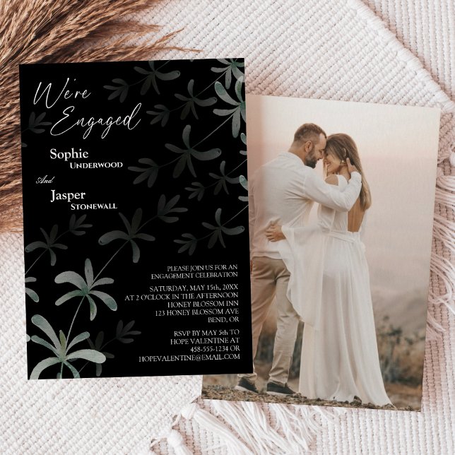 Modern Greenery Black Photo We're Engaged Invitation (Creator Uploaded)