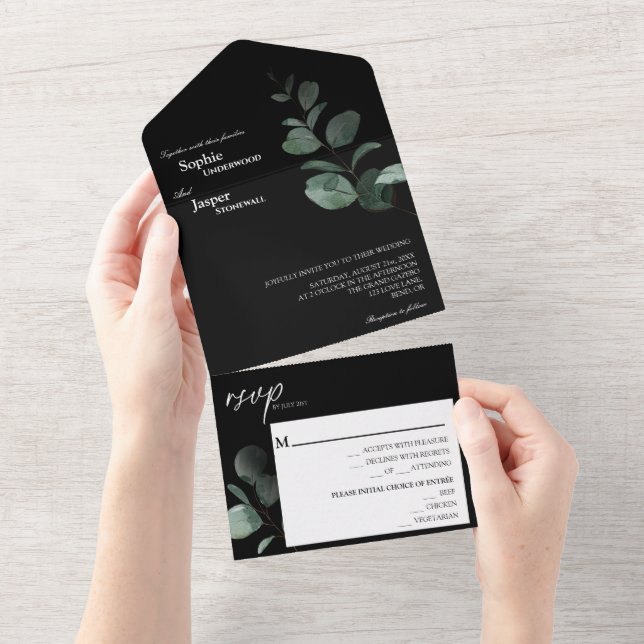 Modern Greenery Black Wedding All In One Invitation (Tearaway)