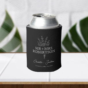Modern Greenery Black Wedding Can Cooler