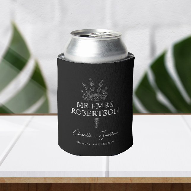 Modern Greenery Black Wedding Can Cooler (Creator Uploaded)