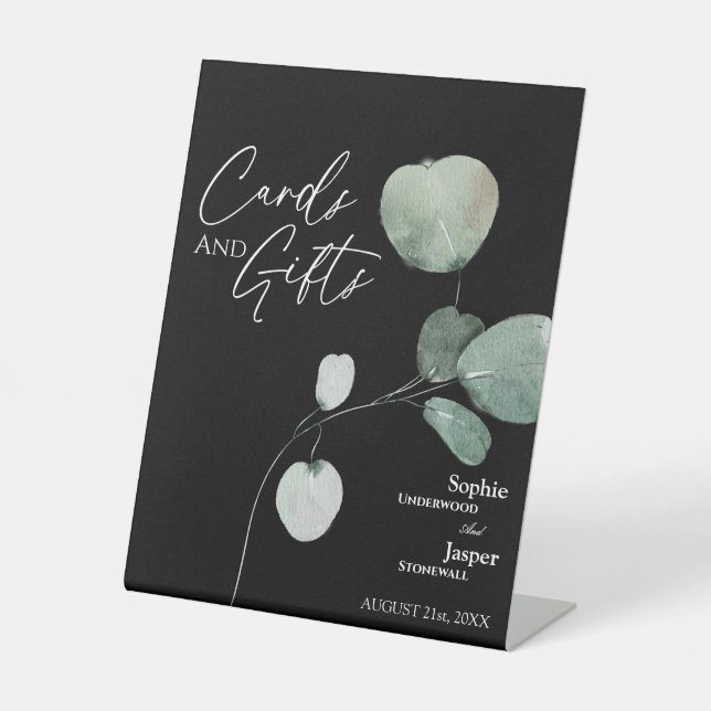 Modern Greenery Black Wedding Cards and Gifts Sign (Front)