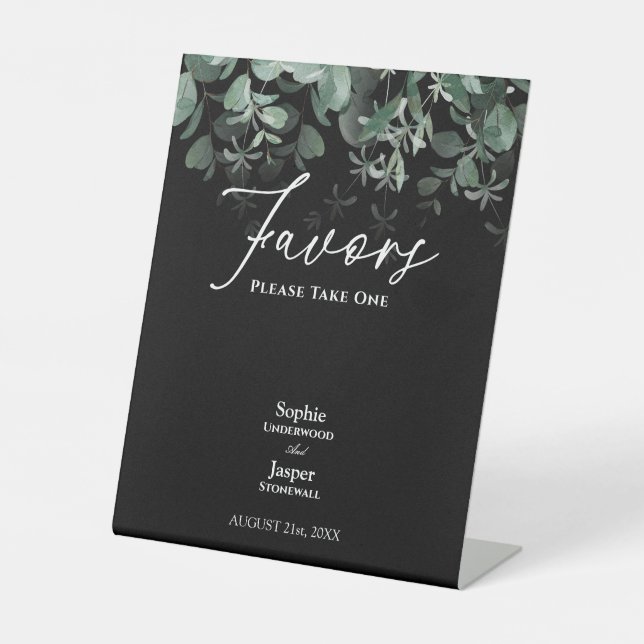 Modern Greenery Black Wedding Favours Pedestal Sign (Front)