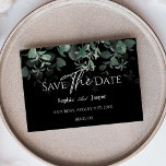 Modern Greenery Black Wedding Flat Save The Date<br><div class="desc">This modern greenery black wedding flat save the date design features easy mix and match coordinating styles in black and white with delicate greenery elements adding graceful flourish around simple sophisticated typography and lovely minimal calligraphy script. The watercolor eucalyptus and other botanical leaves arch beautifully throughout, with dark emerald fading...</div>