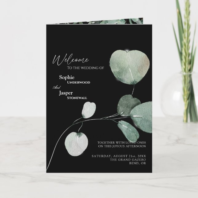 Modern Greenery Black Wedding Folded Program Programme (Front)